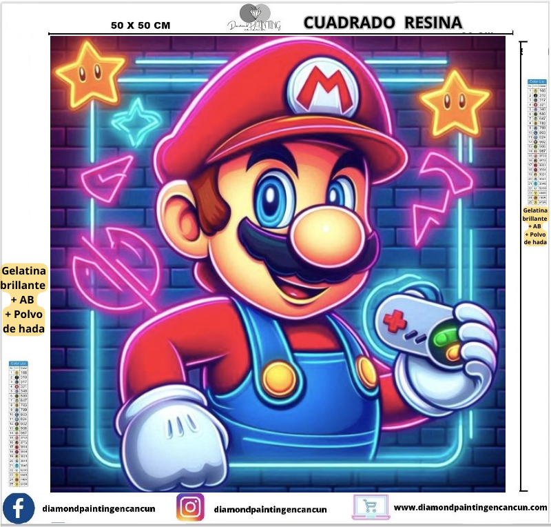 Mario 50 x 50 Contiene DIAMANTES DE RESINA: GELATINA BRILLANTE EN LA OSCURIDAD, AB Y POLVO DE HADA