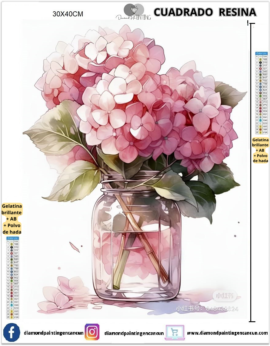 Florero 30 x 40 Contiene DIAMANTES DE RESINA: GELATINA BRILLANTE EN LA OSCURIDAD, AB Y POLVO DE HADA