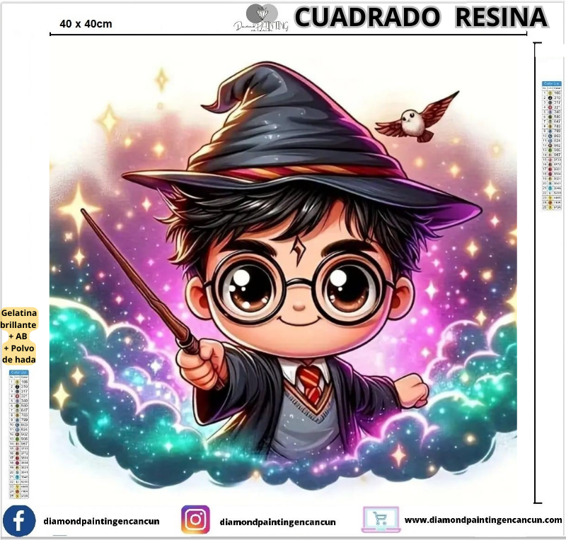 Harry magia 40 x 40 Contiene DIAMANTES DE RESINA: GELATINA BRILLANTE EN LA OSCURIDAD, AB Y POLVO DE HADA