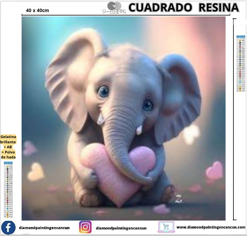Elefante 40 x 40 Contiene DIAMANTES DE RESINA: GELATINA BRILLANTE EN LA OSCURIDAD, AB Y POLVO DE HADA