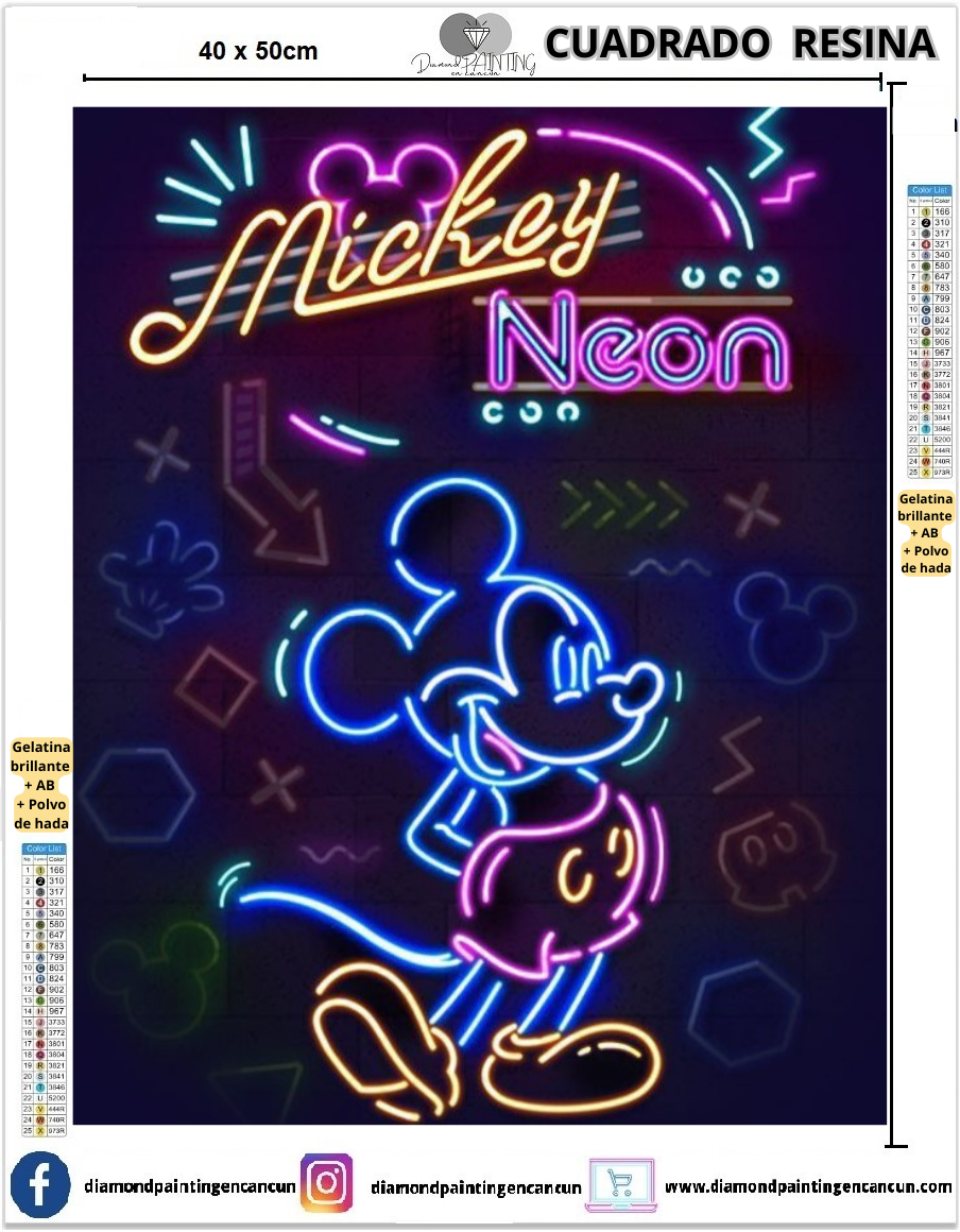 Mickey neon 40 x 50 Contiene DIAMANTES DE RESINA: GELATINA BRILLANTE EN LA OSCURIDAD, AB Y POLVO DE HADA