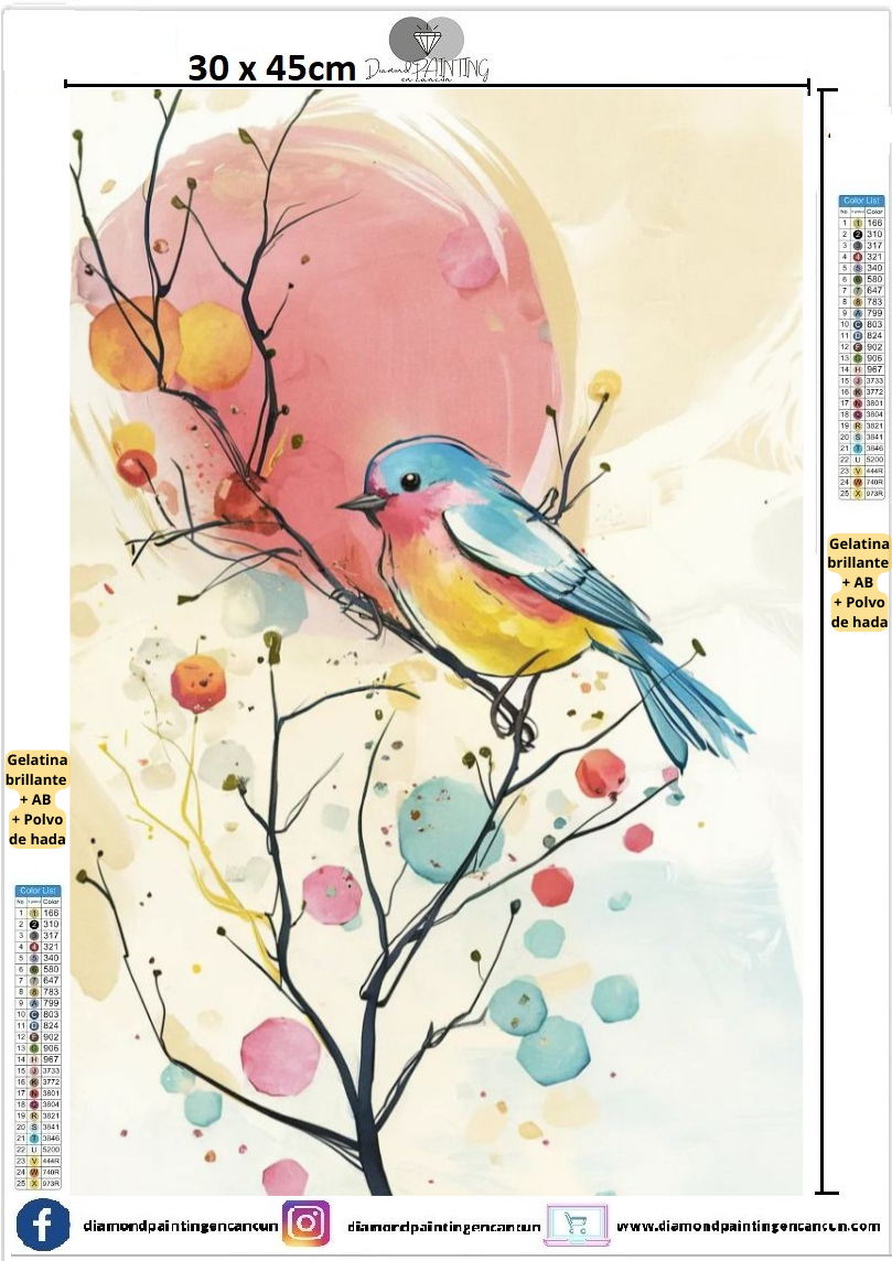 Ave 30 x 45 contiene DIAMANTE GELATINA BRILLANTE EN LA OSCURIDAD, AB Y POLVO DE HADA