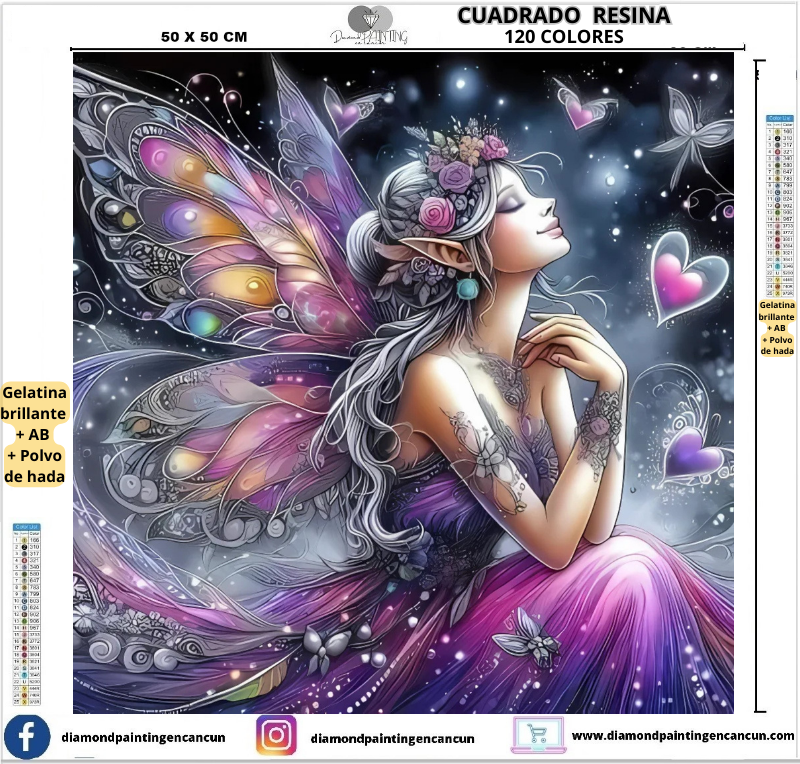 Hada morada 50 x 50 Contiene 120 DIAMANTES DE RESINA: GELATINA BRILLANTE EN LA OSCURIDAD, AB Y POLVO DE HADA (Copia)