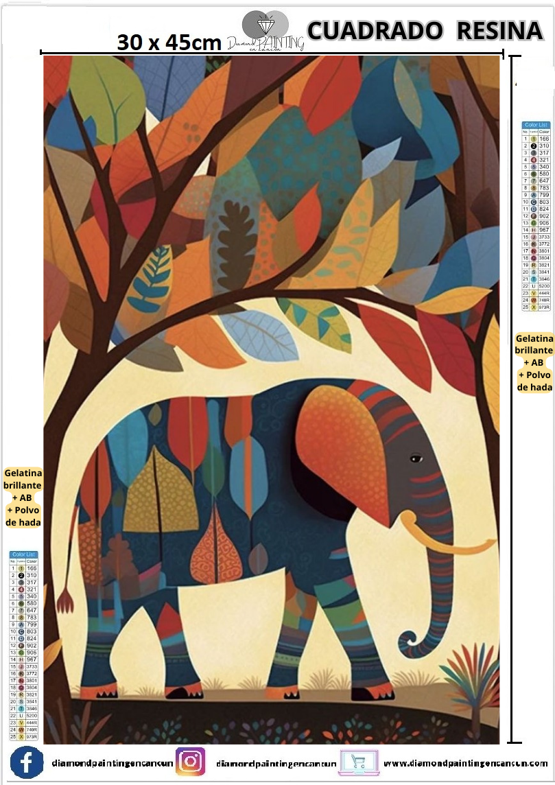 Elefante 30 x 45 Contiene DIAMANTES DE RESINA: GELATINA BRILLANTE EN LA OSCURIDAD, AB Y POLVO DE HADA