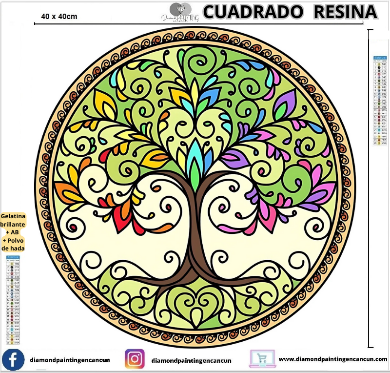 Arbol de la vida 40 x 40 Contiene DIAMANTES DE RESINA: GELATINA BRILLANTE EN LA OSCURIDAD, AB Y POLVO DE HADA