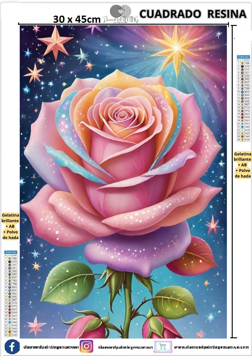 Flor 30 x 45 Contiene DIAMANTES DE RESINA: GELATINA BRILLANTE EN LA OSCURIDAD, AB Y POLVO DE HADA