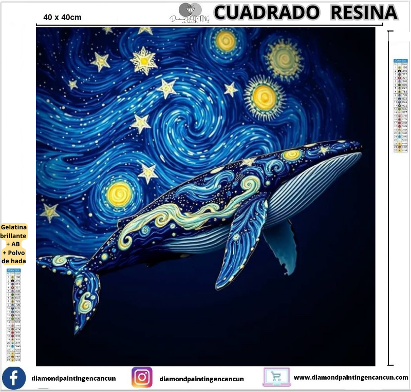 Ballena noche estrellada 40 x 40 Contiene DIAMANTES DE RESINA: GELATINA BRILLANTE EN LA OSCURIDAD, AB Y POLVO DE HADA