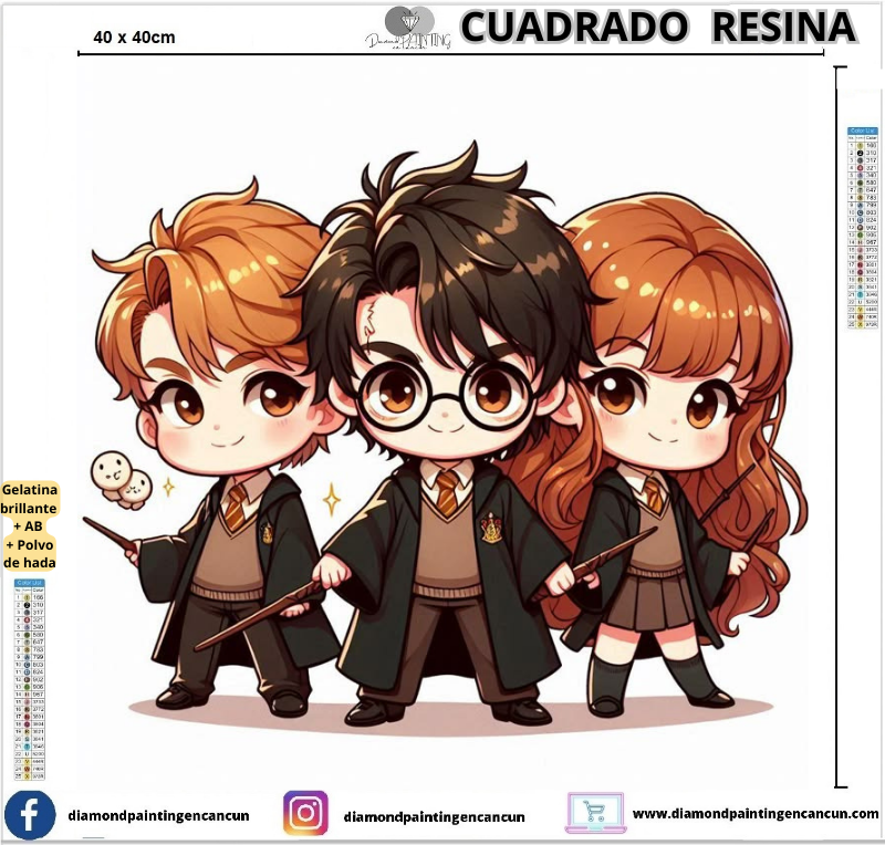 Harry y amigos 40 x 40 Contiene DIAMANTES DE RESINA: GELATINA BRILLANTE EN LA OSCURIDAD, AB Y POLVO DE HADA