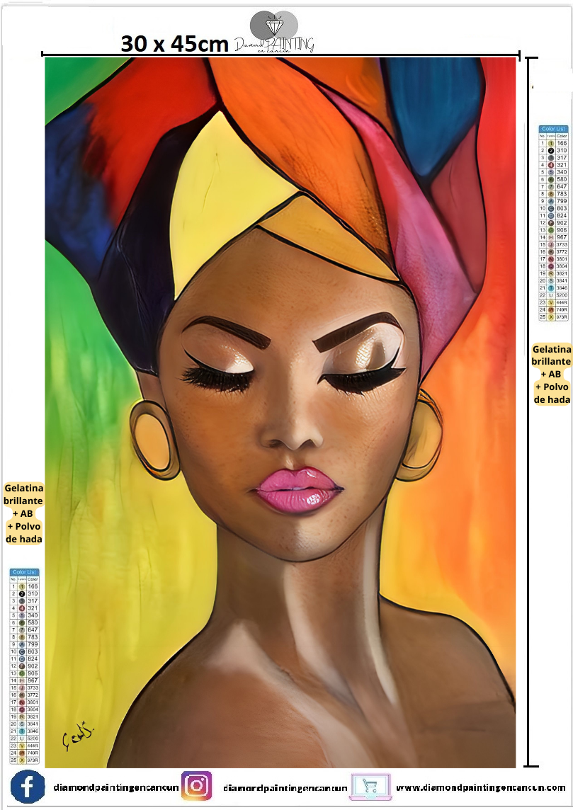 Rostro Africana 30 x 45cm contiene DIAMANTE GELATINA BRILLANTE EN LA OSCURIDAD, AB Y POLVO DE HADA