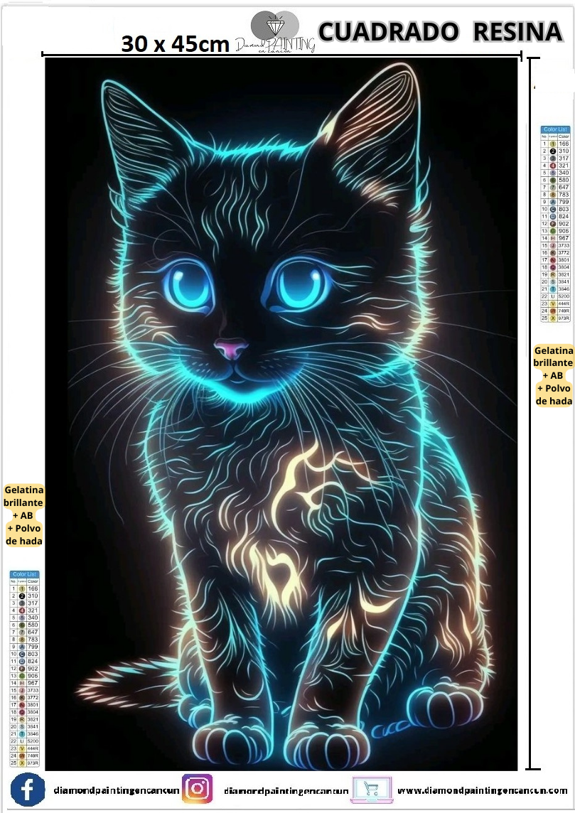 Gatito neón 30 x 45 Contiene DIAMANTES DE RESINA: GELATINA BRILLANTE EN LA OSCURIDAD, AB Y POLVO DE HADA