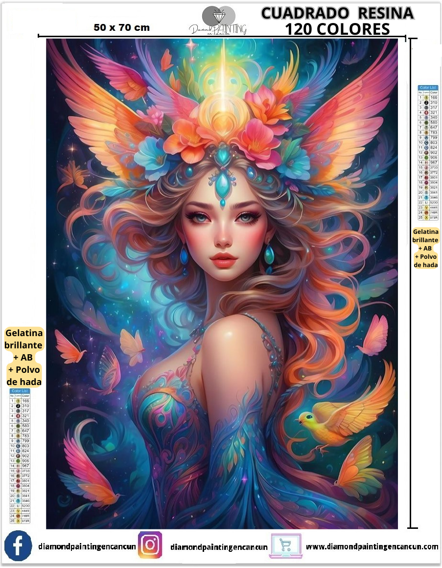 Hada colores 50 x 70 Contiene 120 DIAMANTES DE RESINA: GELATINA BRILLANTE EN LA OSCURIDAD, AB Y POLVO DE HADA