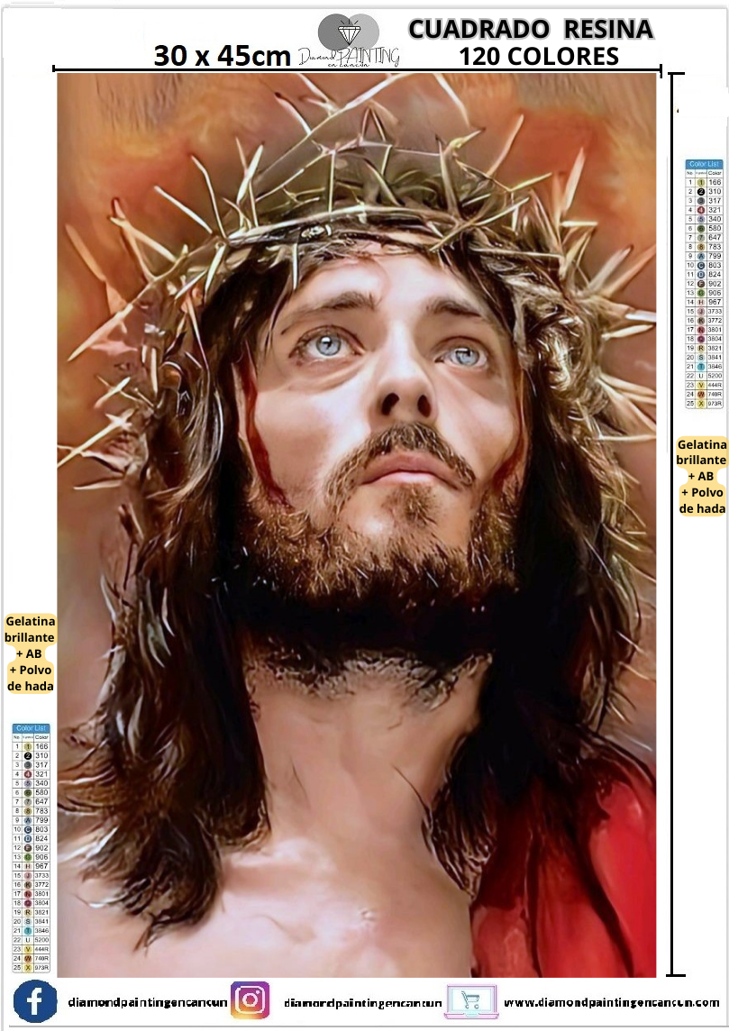 Jesús 30 x 45 Contiene 120 DIAMANTES DE RESINA: GELATINA BRILLANTE EN LA OSCURIDAD, AB Y POLVO DE HADA