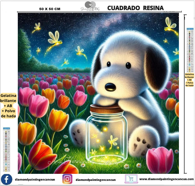 Snoopy tulipanes 50 x 50 Contiene DIAMANTES DE RESINA: GELATINA BRILLANTE EN LA OSCURIDAD, AB Y POLVO DE HADA