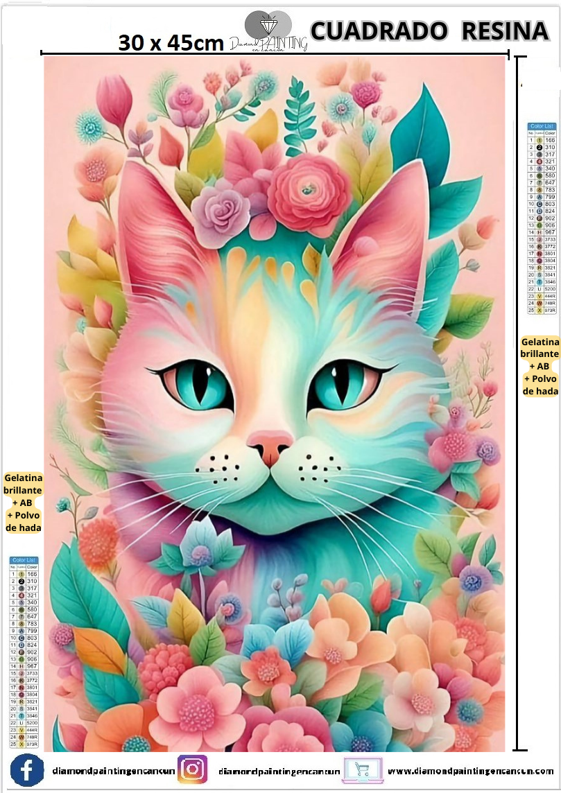 Gatito con flores 30 x 45 Contiene DIAMANTES DE RESINA: GELATINA BRILLANTE EN LA OSCURIDAD, AB Y POLVO DE HADA