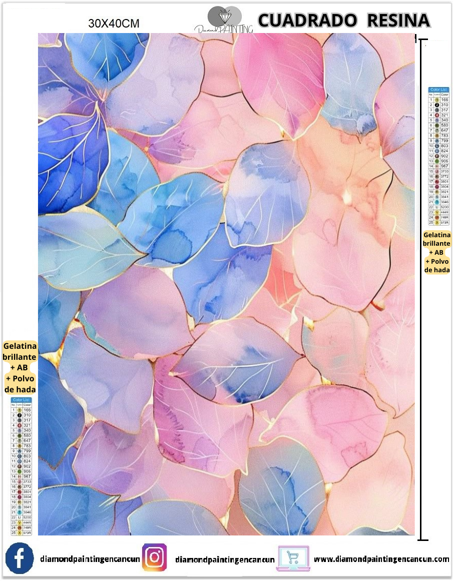 Hojas colores 30 x 40 Contiene DIAMANTES DE RESINA: GELATINA BRILLANTE EN LA OSCURIDAD, AB Y POLVO DE HADA