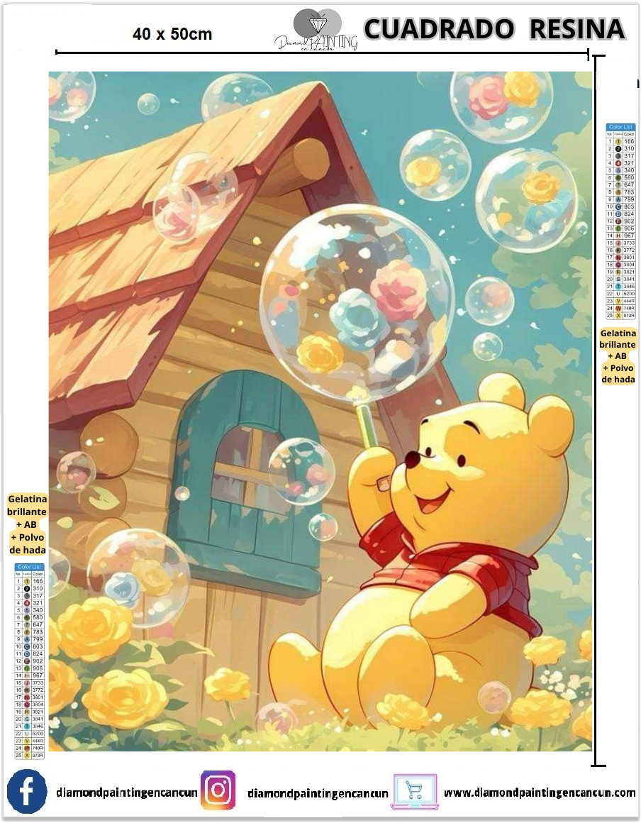 Winnie 40 x 50 Contiene DIAMANTES DE RESINA: GELATINA BRILLANTE EN LA OSCURIDAD, AB Y POLVO DE HADA