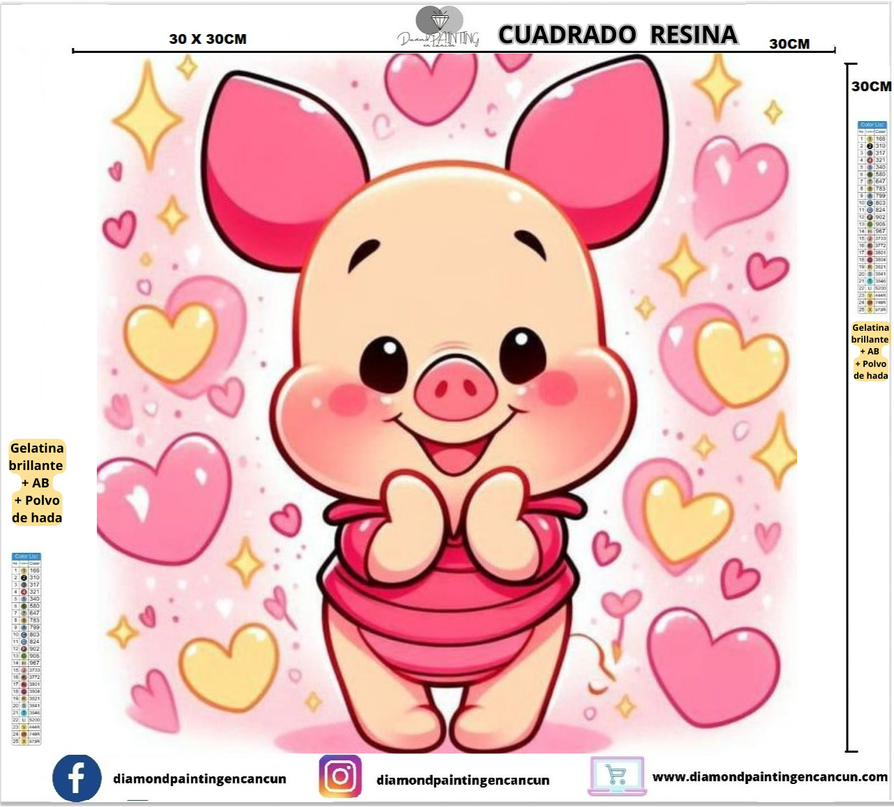 Piglet 30 x 30 Contiene DIAMANTES DE RESINA: GELATINA BRILLANTE EN LA OSCURIDAD, AB Y POLVO DE HADA