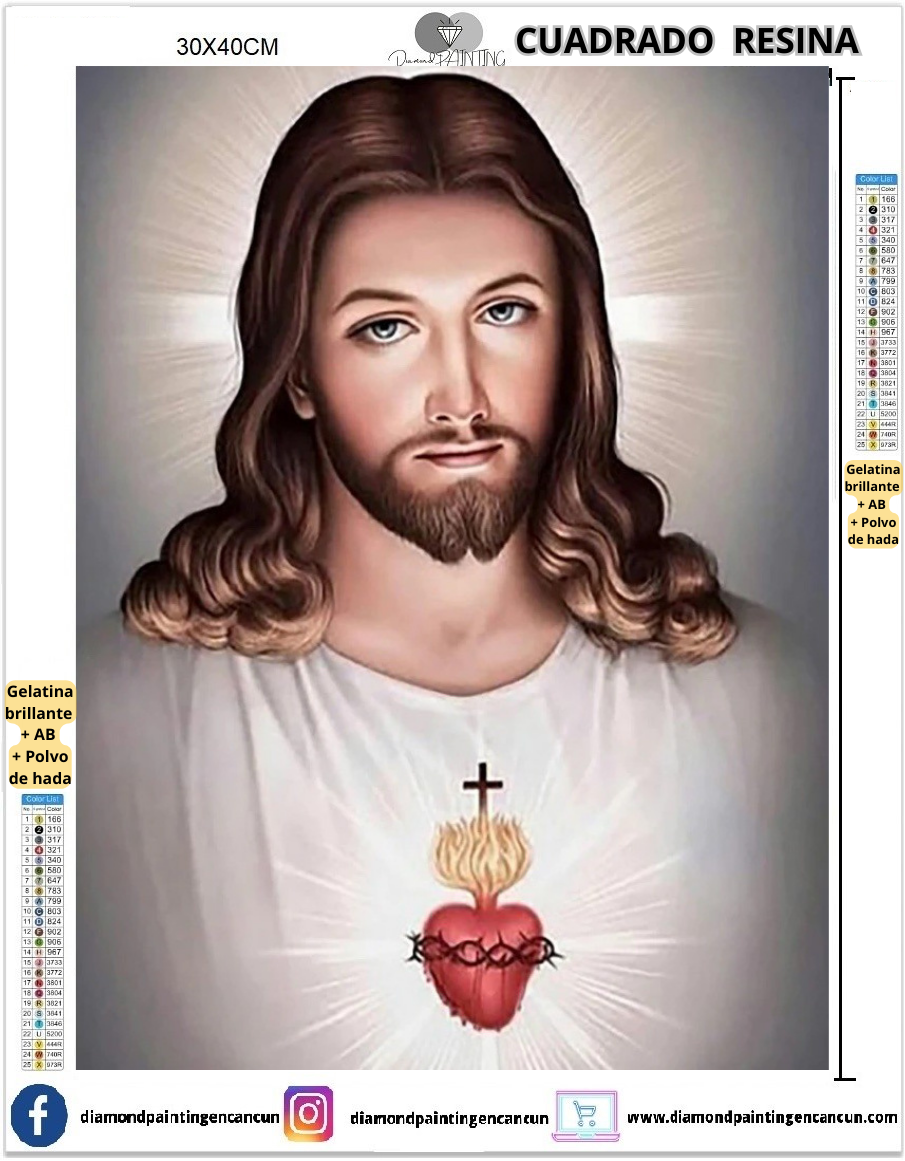 Sagrado corazón de jesús 30 x 40 Contiene DIAMANTES DE RESINA: GELATINA BRILLANTE EN LA OSCURIDAD, AB Y POLVO DE HADA