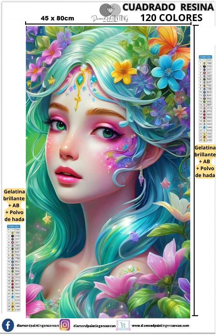 Chica con flores verde 45 x 80 Contiene 120 DIAMANTES DE RESINA: GELATINA BRILLANTE EN LA OSCURIDAD, AB Y POLVO DE HADA