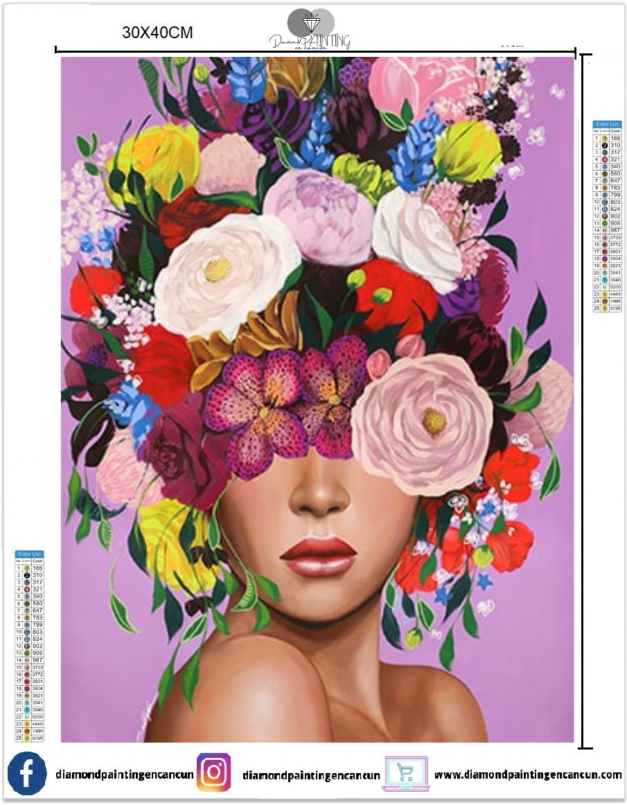 Mujer con flores 30 x 40 contiene DIAMANTE GELATINA BRILLANTE EN LA OSCURIDAD, AB Y POLVO DE HADA