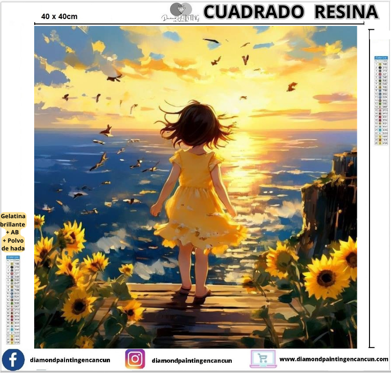 Chica con girasoles 40 x 40 Contiene DIAMANTES DE RESINA: GELATINA BRILLANTE EN LA OSCURIDAD, AB Y POLVO DE HADA