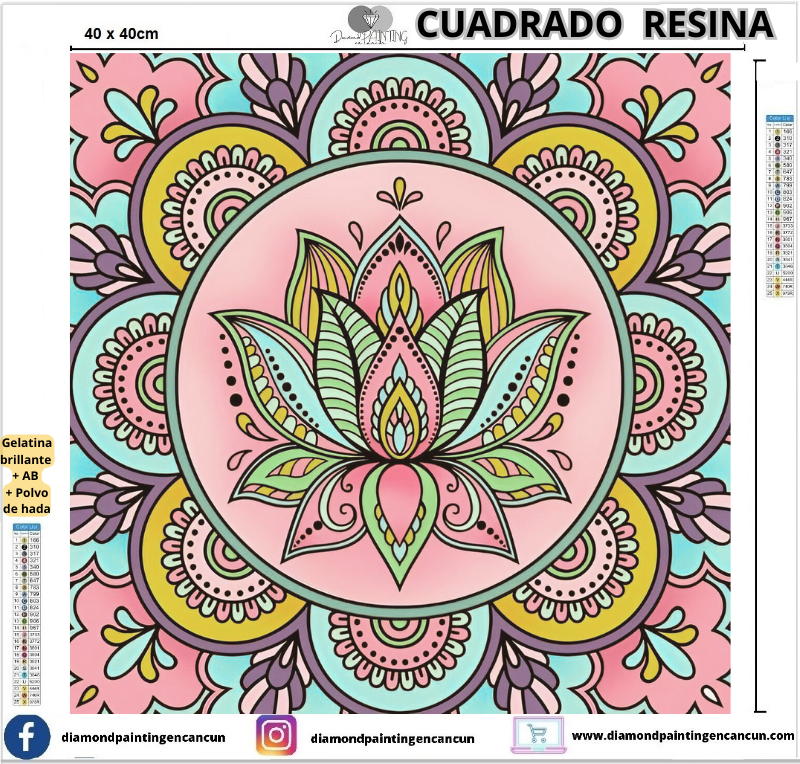 Mandala 40 x 40 Contiene DIAMANTES DE RESINA: GELATINA BRILLANTE EN LA OSCURIDAD, AB Y POLVO DE HADA