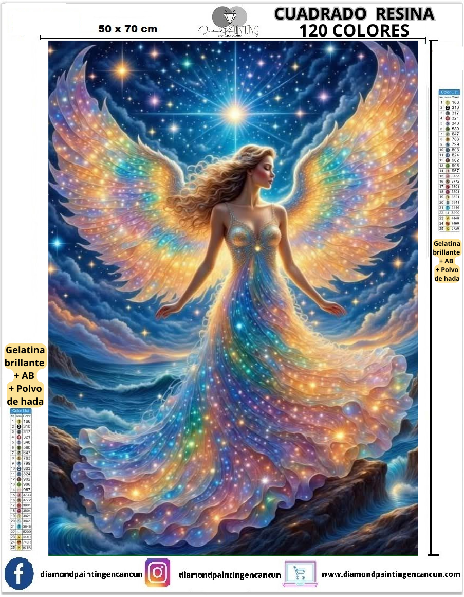 Angel colores 50 x 70 Contiene 120 DIAMANTES DE RESINA: GELATINA BRILLANTE EN LA OSCURIDAD, AB Y POLVO DE HADA