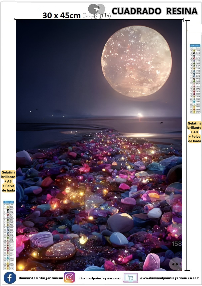 Paisaje luna 30 x 45cm Contiene DIAMANTES DE RESINA: GELATINA BRILLANTE EN LA OSCURIDAD, AB Y POLVO DE HADA