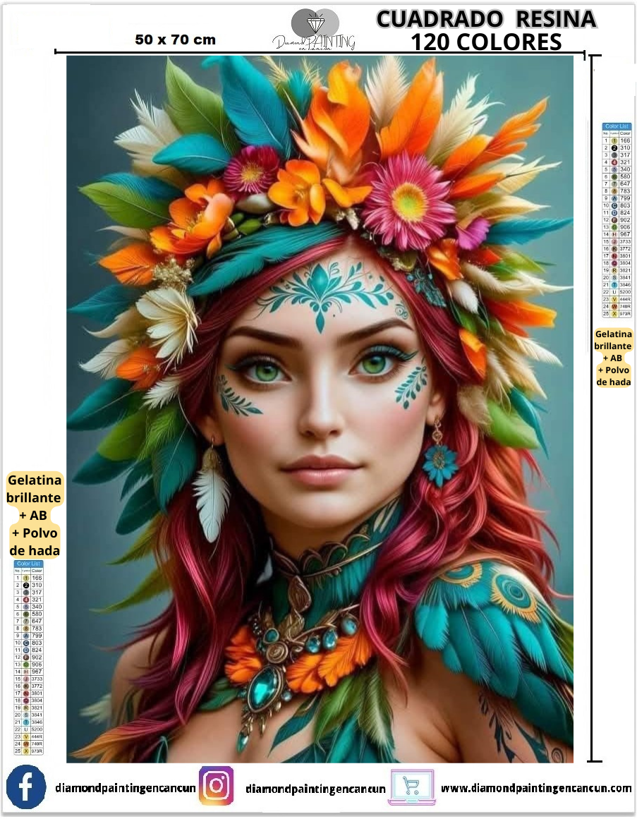 Mujer penacho flores 50 x 70 Contiene 120 DIAMANTES DE RESINA: GELATINA BRILLANTE EN LA OSCURIDAD, AB Y POLVO DE HADA