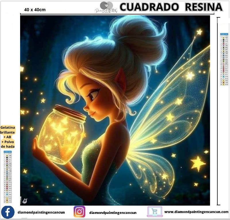 Campanita 40 x 40 Contiene DIAMANTES DE RESINA: GELATINA BRILLANTE EN LA OSCURIDAD, AB Y POLVO DE HADA