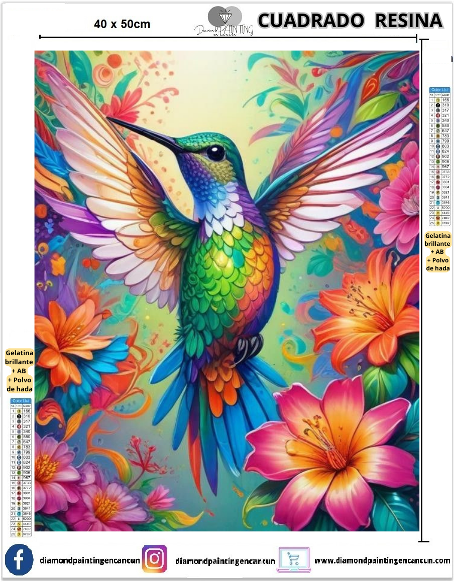 Colibrí2 40 x 50 Contiene DIAMANTES DE RESINA: GELATINA BRILLANTE EN LA OSCURIDAD, AB Y POLVO DE HADA