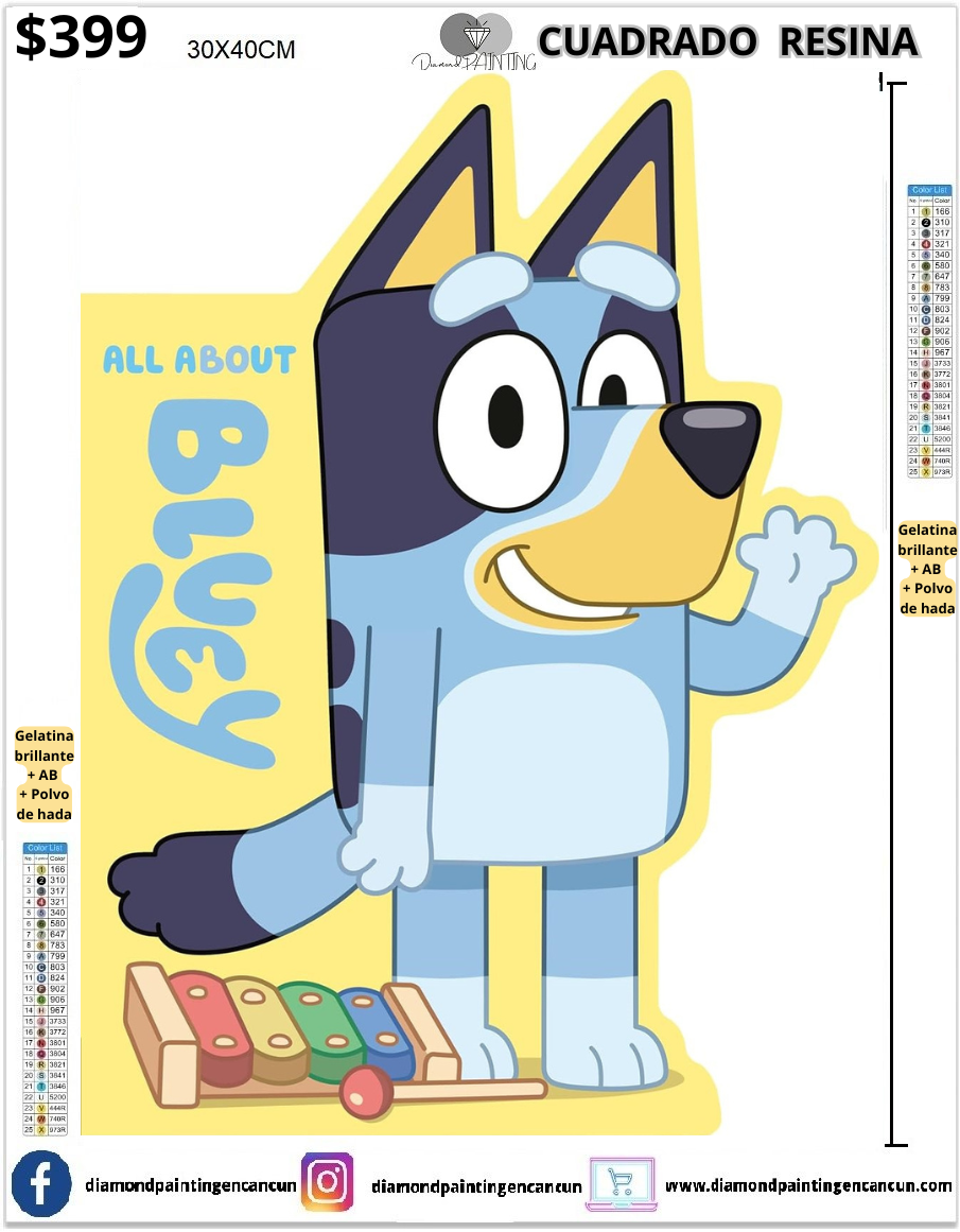 Bluey 30 x 40cm Contiene DIAMANTES DE RESINA: GELATINA BRILLANTE EN LA OSCURIDAD, AB Y POLVO DE HADA
