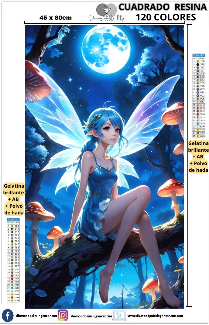 Hada azul 45 x 80 Contiene 120 DIAMANTES DE RESINA: GELATINA BRILLANTE EN LA OSCURIDAD, AB Y POLVO DE HADA