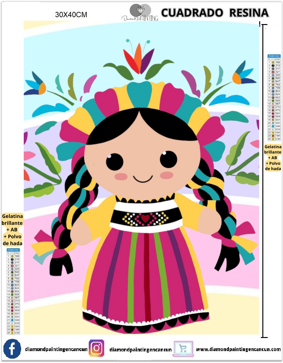 Muñeca Lele 30 x 40 Contiene DIAMANTES DE RESINA: GELATINA BRILLANTE EN LA OSCURIDAD, AB Y POLVO DE HADA