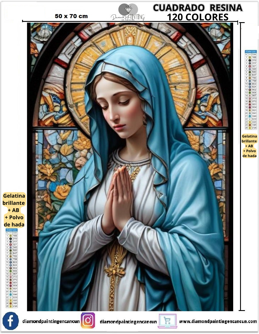 Virgen vitral 50 x 70 Contiene 120 DIAMANTES DE RESINA: GELATINA BRILLANTE EN LA OSCURIDAD, AB Y POLVO DE HADA