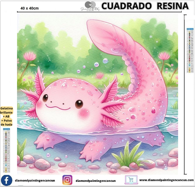 Ajolote 40 x 40 Contiene DIAMANTES DE RESINA: GELATINA BRILLANTE EN LA OSCURIDAD, AB Y POLVO DE HADA