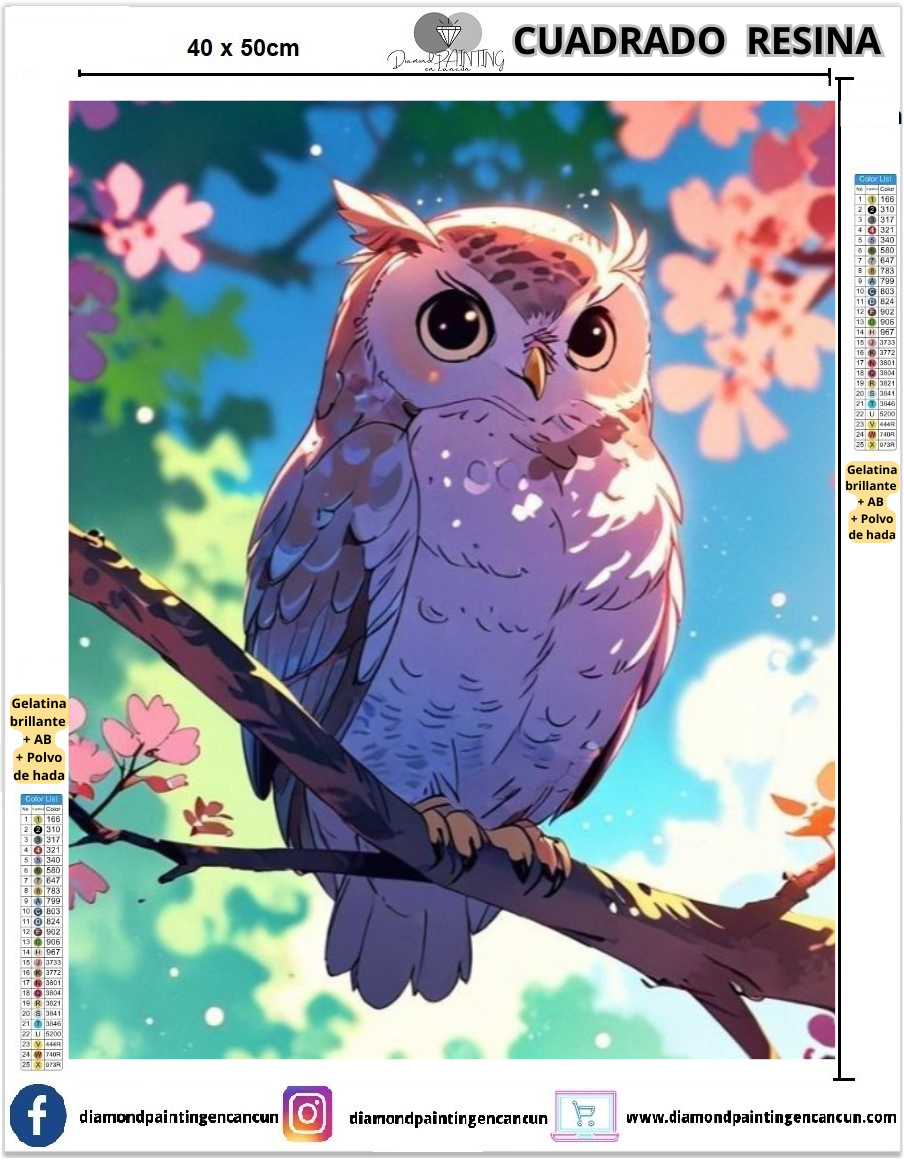 Búho 40 x 50 Contiene DIAMANTES DE RESINA: GELATINA BRILLANTE EN LA OSCURIDAD, AB Y POLVO DE HADA