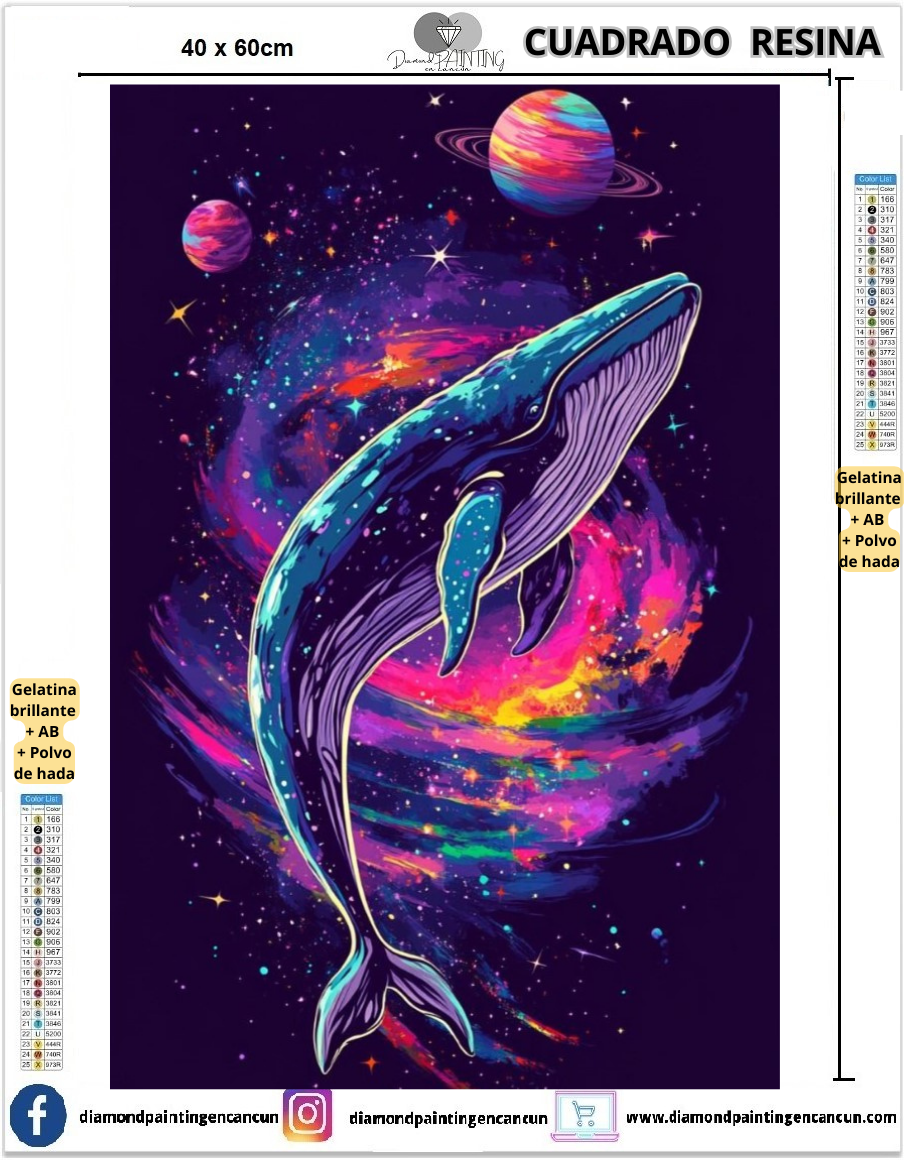 Ballena 40 x 60 Contiene DIAMANTES DE RESINA: GELATINA BRILLANTE EN LA OSCURIDAD, AB Y POLVO DE HADA