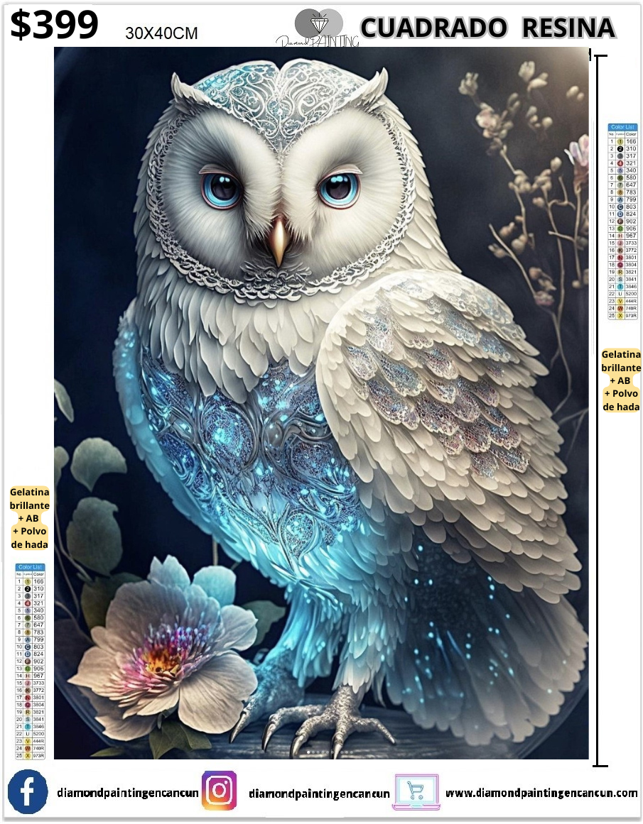 Buho 30 x 40cm Contiene DIAMANTES DE RESINA: GELATINA BRILLANTE EN LA OSCURIDAD, AB Y POLVO DE HADA
