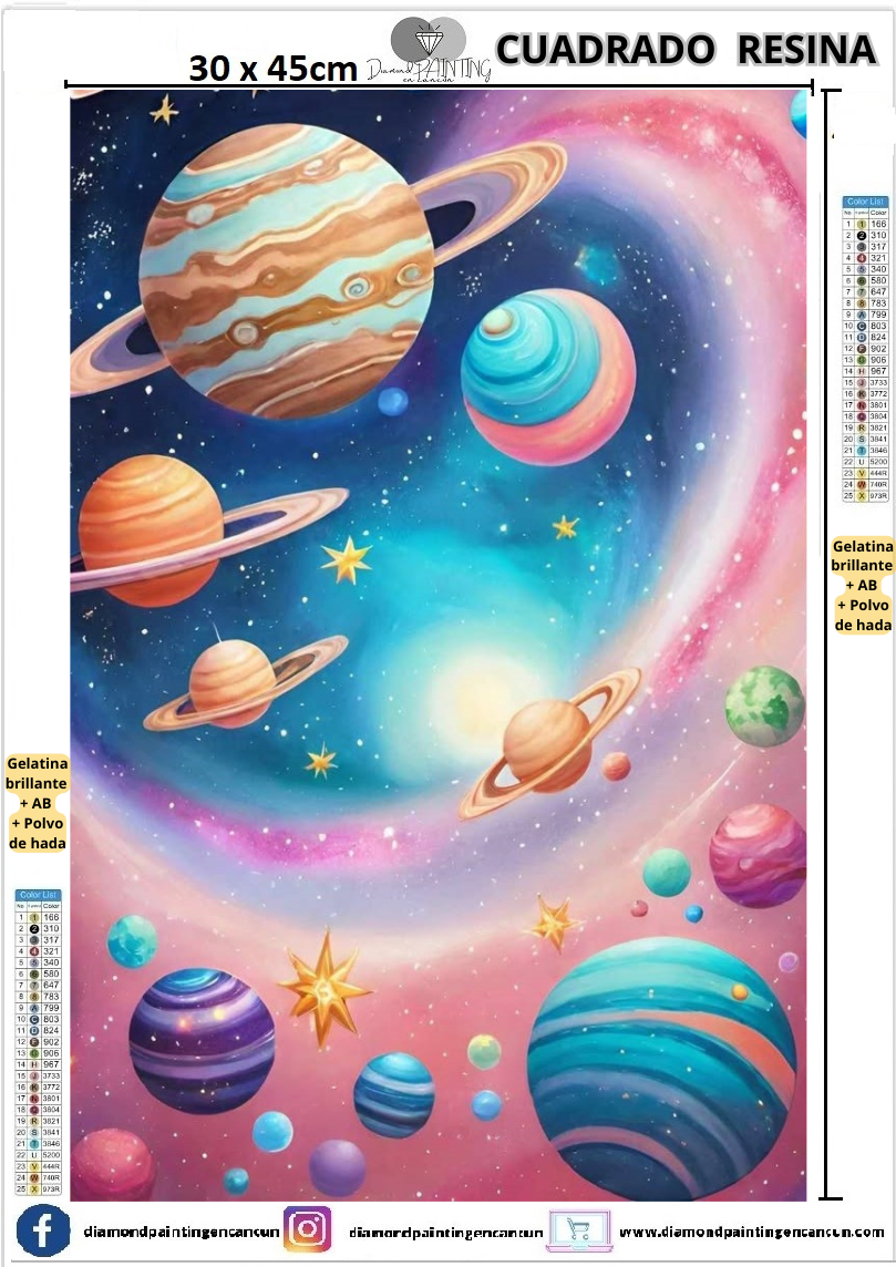 Planetas 30 x 45 Contiene DIAMANTES DE RESINA: GELATINA BRILLANTE EN LA OSCURIDAD, AB Y POLVO DE HADA