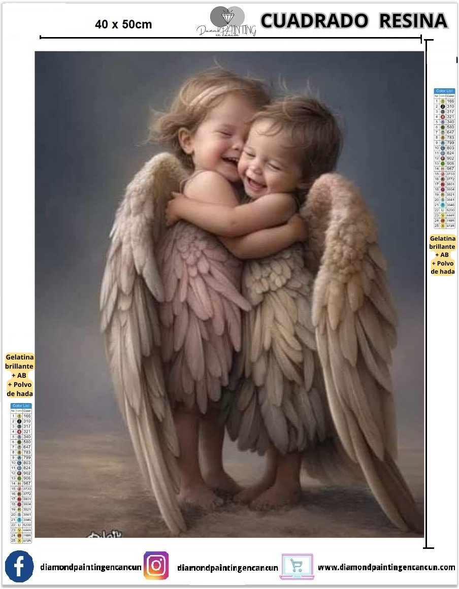 Angelitos 40 x 50 Contiene DIAMANTES DE RESINA: GELATINA BRILLANTE EN LA OSCURIDAD, AB Y POLVO DE HADA