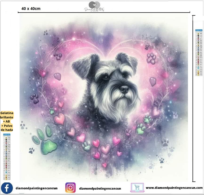 Schnauzer 40 x 40 contiene DIAMANTES GELATINA BRILLANTE EN LA OSCURIDAD, AB Y POLVO DE HADA