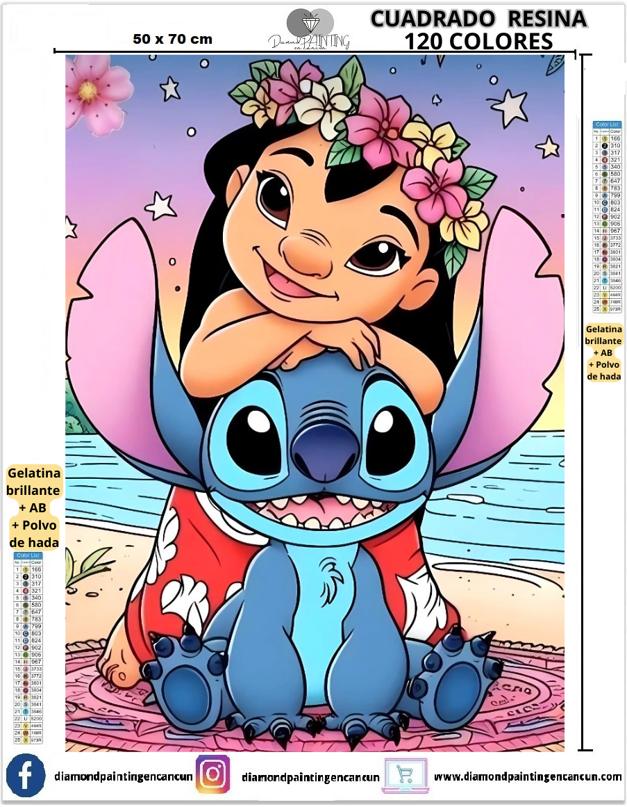 Lilo y Stitch 50 x 70 Contiene 120 DIAMANTES DE RESINA: GELATINA BRILLANTE EN LA OSCURIDAD, AB Y POLVO DE HADA