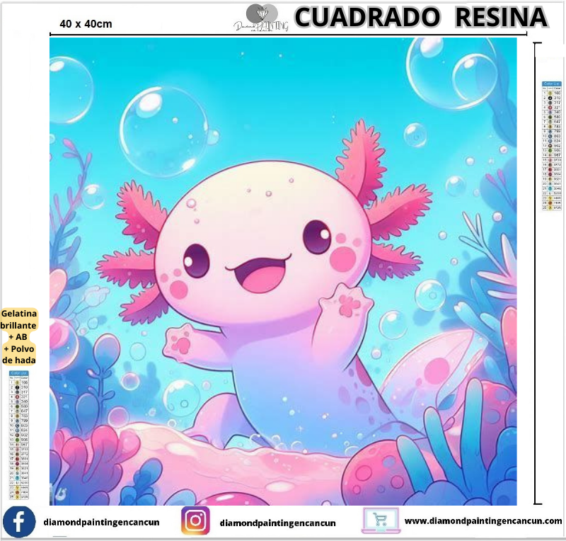 Ajolote 40 x 40 Contiene DIAMANTES DE RESINA: GELATINA BRILLANTE EN LA OSCURIDAD, AB Y POLVO DE HADA