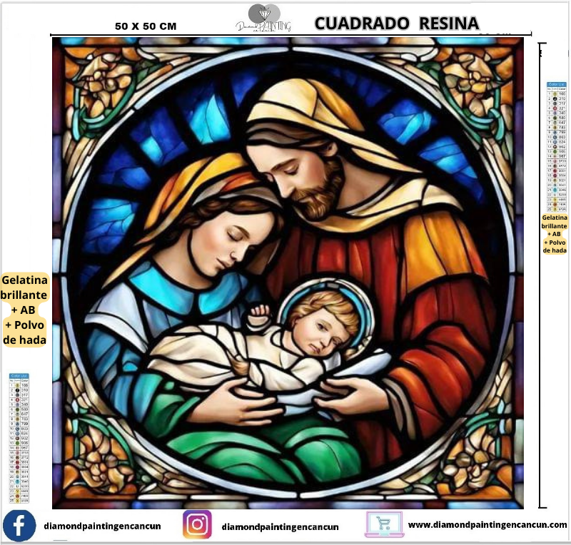 Nacimiento 50 x 50 Contiene DIAMANTES DE RESINA: GELATINA BRILLANTE EN LA OSCURIDAD, AB Y POLVO DE HADA