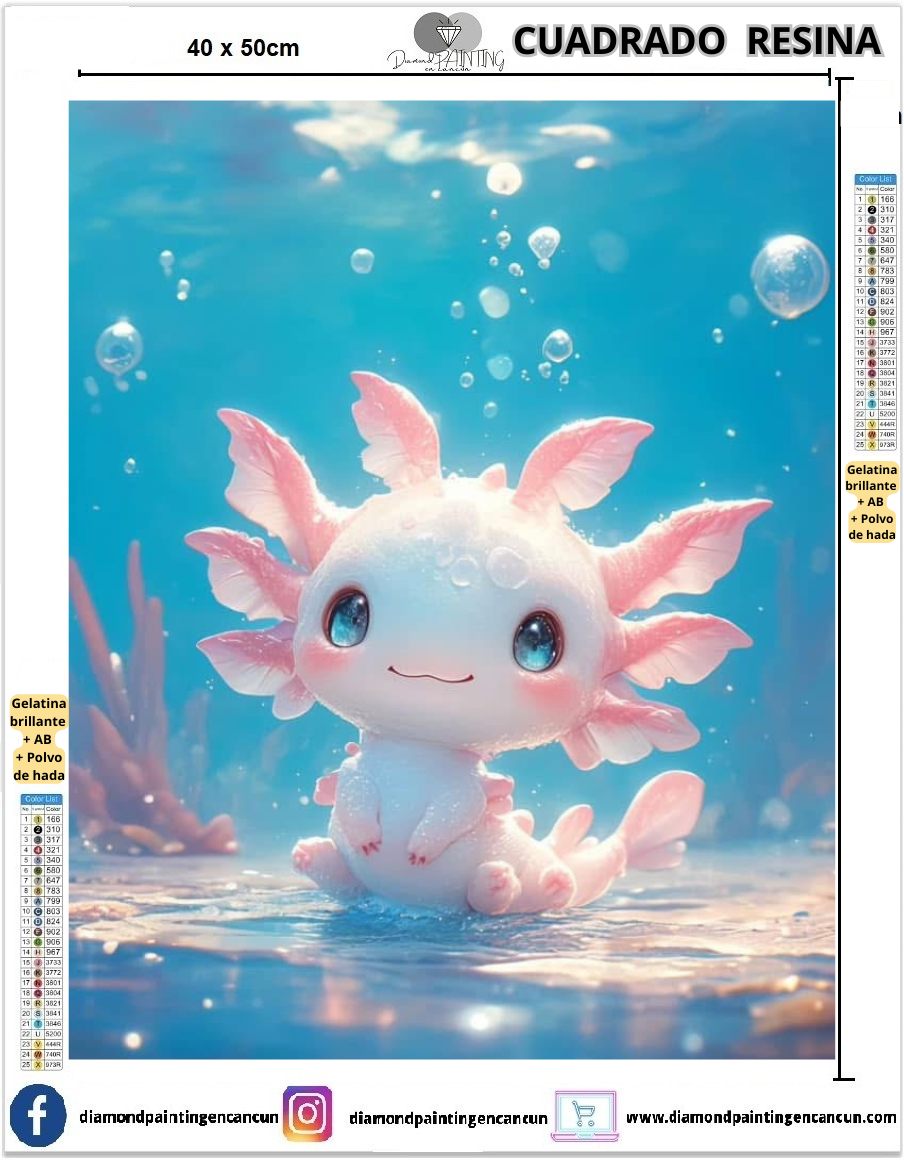 Ajolote rosa 40 x 50 Contiene DIAMANTES DE RESINA: GELATINA BRILLANTE EN LA OSCURIDAD, AB Y POLVO DE HADA