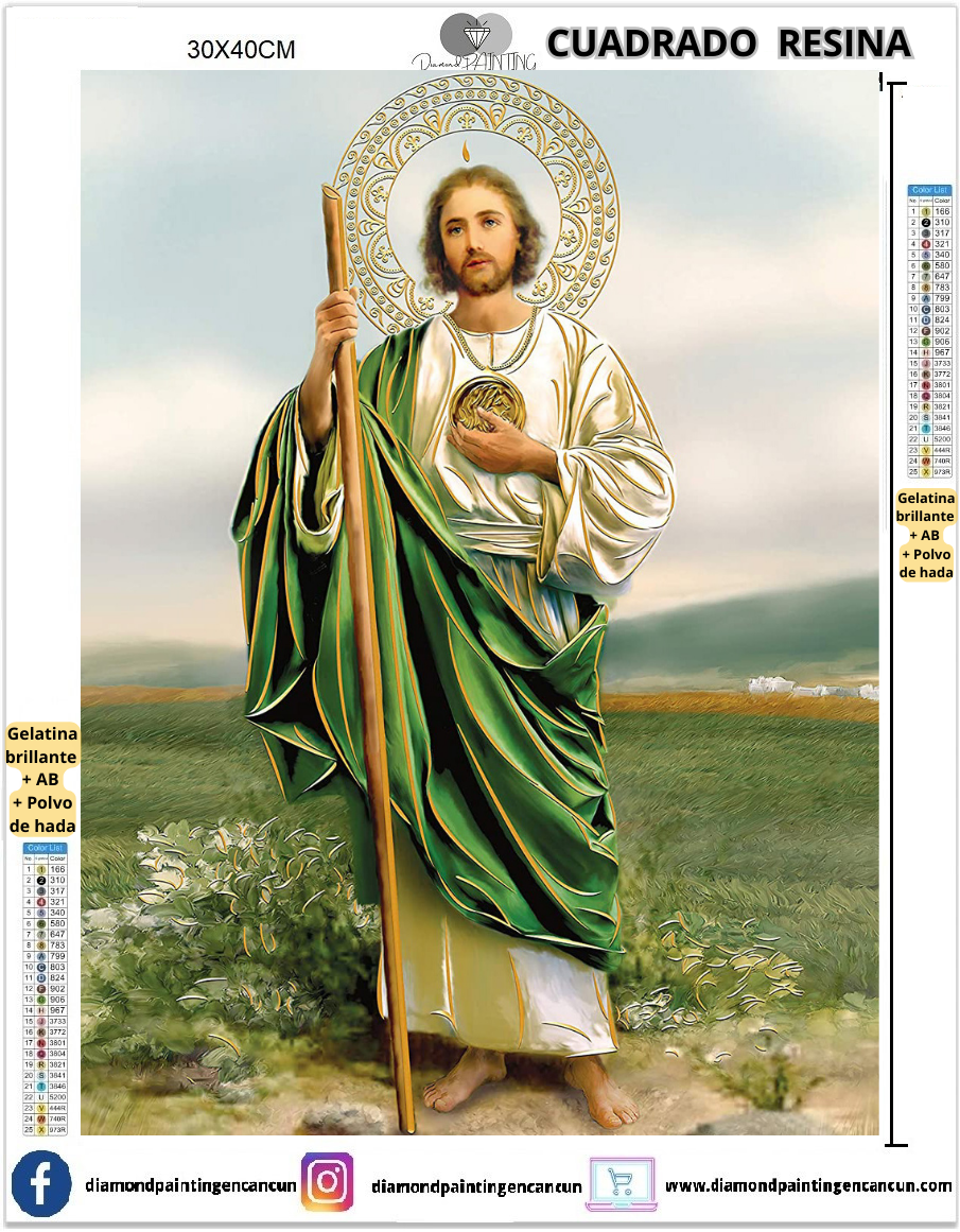 San Judas Tadeo 30 x 40cm Contiene DIAMANTES DE RESINA: GELATINA BRILLANTE EN LA OSCURIDAD, AB Y POLVO DE HADA