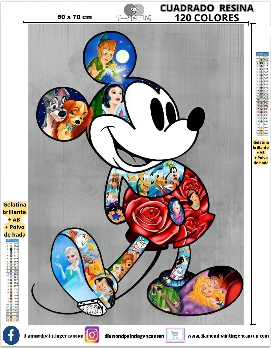 Mickey Mouse 50 x 70 Contiene 120 DIAMANTES DE RESINA: GELATINA BRILLANTE EN LA OSCURIDAD, AB Y POLVO DE HADA