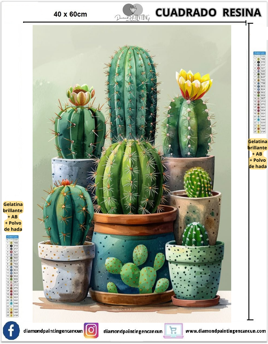 Cactus 40 x 60 Contiene DIAMANTES DE RESINA: GELATINA BRILLANTE EN LA OSCURIDAD, AB Y POLVO DE HADA