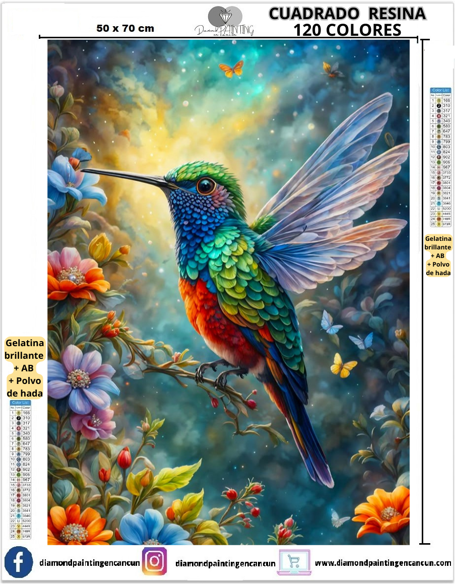Colibrí 50 x 70 Contiene DIAMANTES DE RESINA 120 COLORES: GELATINA BRILLANTE EN LA OSCURIDAD, AB Y POLVO DE HADA